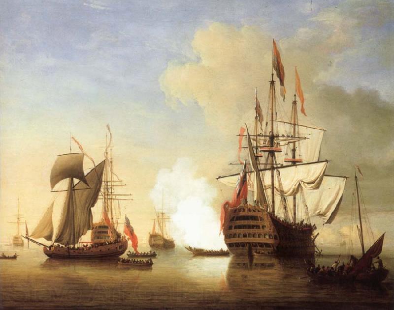 Monamy, Peter Stern view of the Royal William firing a salute Spain oil painting art